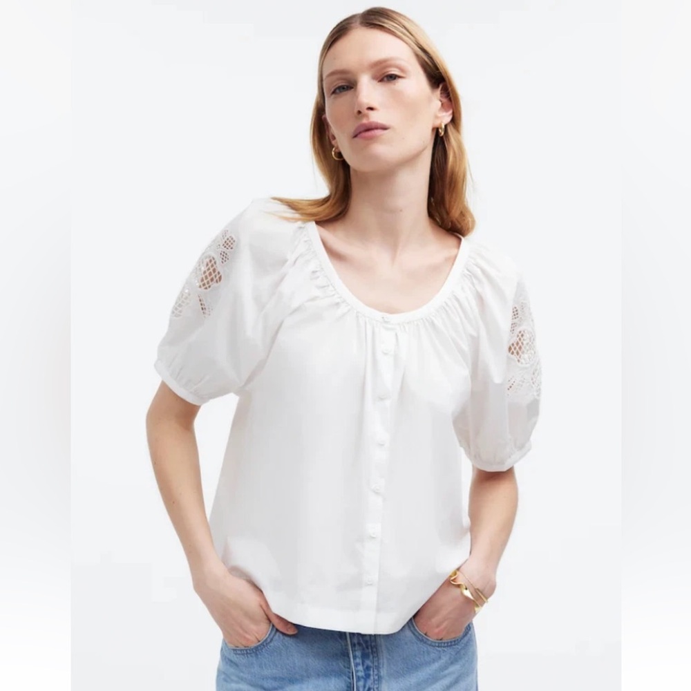 MADEWELL NWOT Puff-Sleeve embroidered top. 100% Cotton poplin.